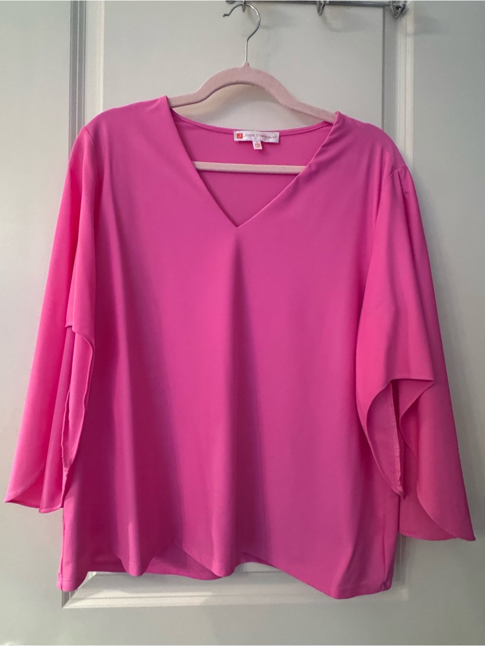 Jude Connally Hot Pink V-Neck Bell Sleeve Blouse Nylon Spandex